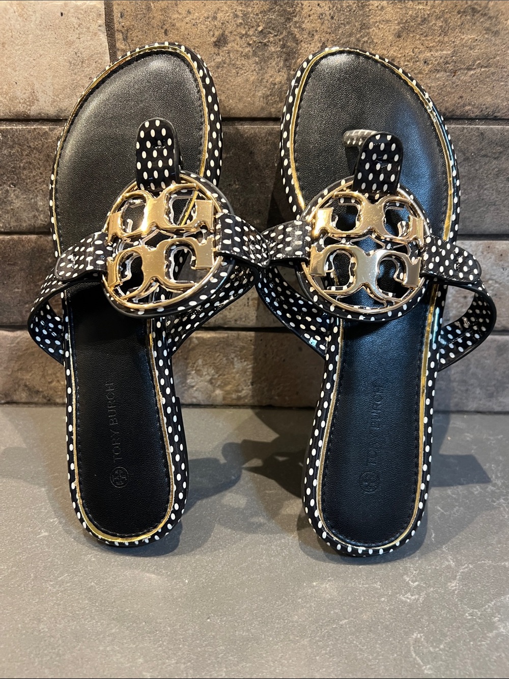 Tory Burch Black and White Polka Dot Miller Sandals with Gold Logo
